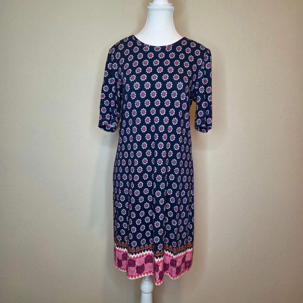 Draper James Navy Daisy Floral Shift Dress Short Sleeve Gold Back Zip Small